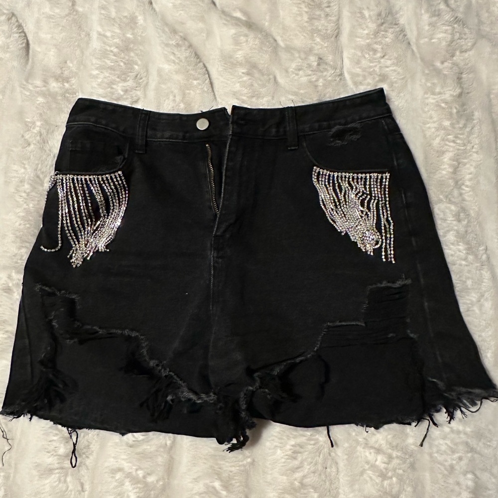 USED ONCE Cider Black Rhinestone Chain Shorts